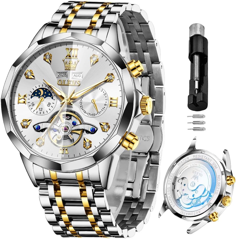 RELOJ DE PULSERA OLEVS SKELETON AUTOMÁTICO PARA HOMBRE ACERO CON CALENDARIO Y DIAMANTES - 1