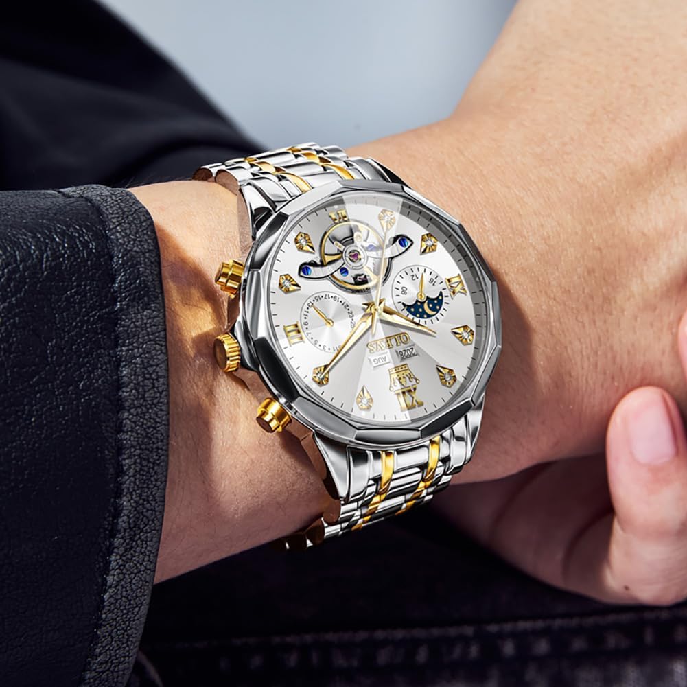 RELOJ DE PULSERA OLEVS SKELETON AUTOMÁTICO PARA HOMBRE ACERO CON CALENDARIO Y DIAMANTES - 3
