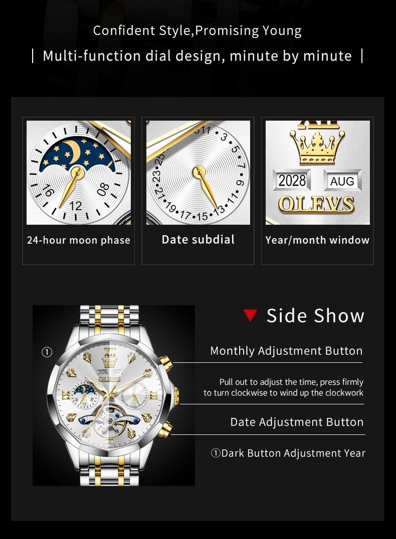 RELOJ DE PULSERA OLEVS SKELETON AUTOMÁTICO PARA HOMBRE ACERO CON CALENDARIO Y DIAMANTES - 5