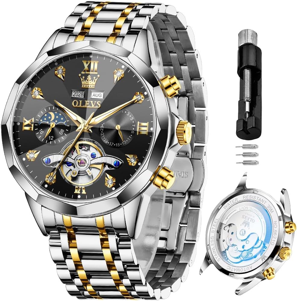 RELOJ DE PULSERA OLEVS SKELETON AUTOMÁTICO CON CALENDARIO Y DIAMANTES ACERO INOXIDABLE PARA HOMBRE - 1