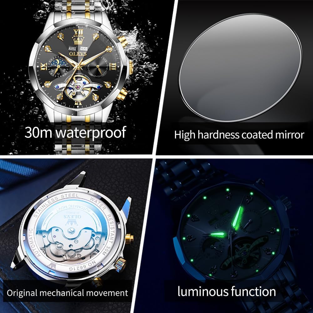 RELOJ DE PULSERA OLEVS SKELETON AUTOMÁTICO CON CALENDARIO Y DIAMANTES ACERO INOXIDABLE PARA HOMBRE - 4