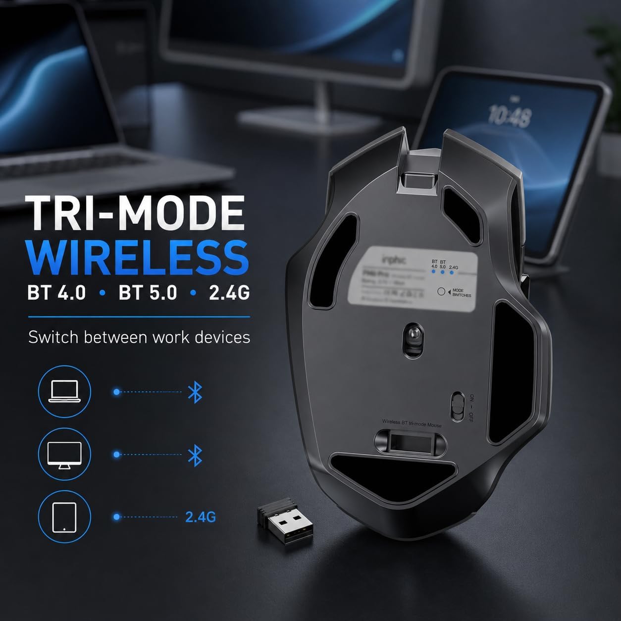 MOUSE BLUETOOTH INPHIC TRI-MODE CON BATERÍA VISIBLE RECARGABLE - 2