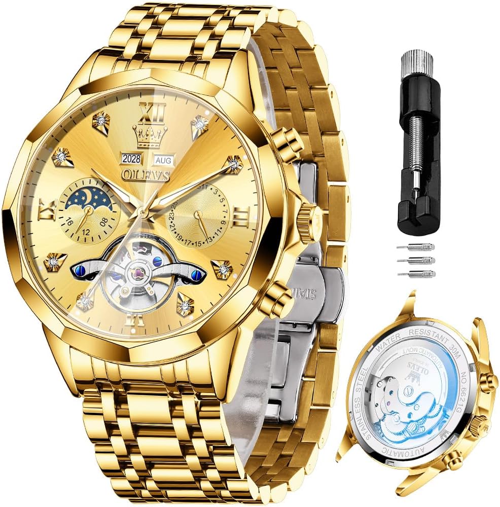 RELOJ DE PULSERA OLEVS SKELETON AUTOMÁTICO CON CALENDARIO Y DIAMANTES PARA HOMBRE ACERO INOXIDABLE - 1