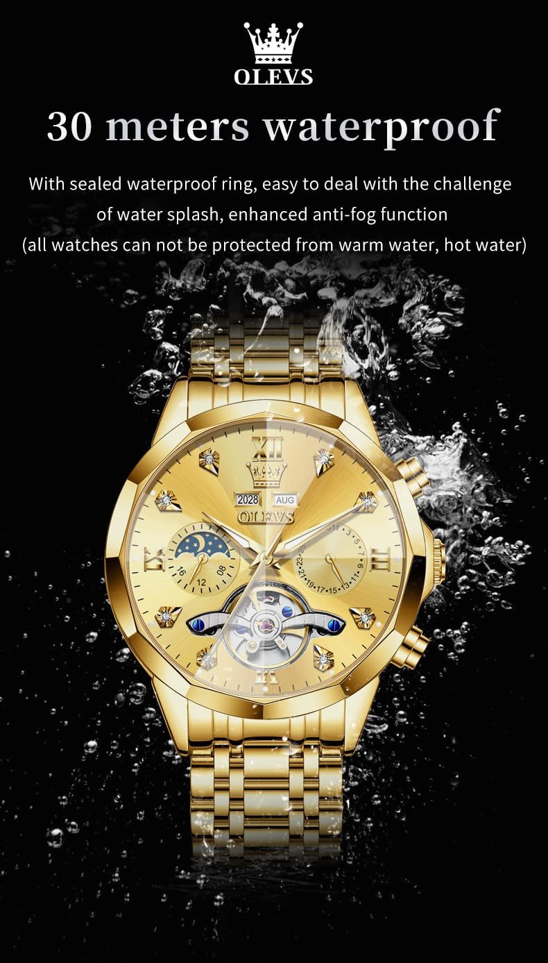 RELOJ DE PULSERA OLEVS SKELETON AUTOMÁTICO CON CALENDARIO Y DIAMANTES PARA HOMBRE ACERO INOXIDABLE - 4