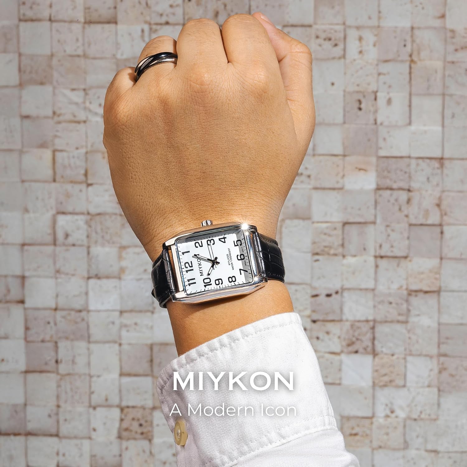 RELOJ DE PULSERA MIYKON VINTAGE TANK PARA HOMBRE CON CORREA DE CUERO GENUINO NEGRO - 2