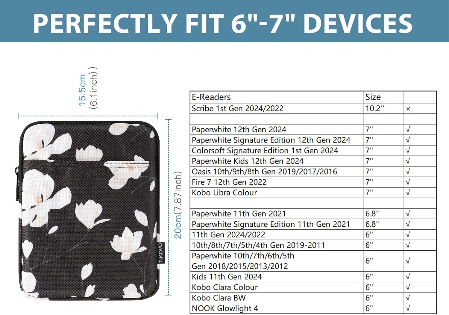 ESTUCHE PARA EREADER TIMOVO 6-7 PULGADAS NEGRO Y BLANCO MAGNOLIA - 2