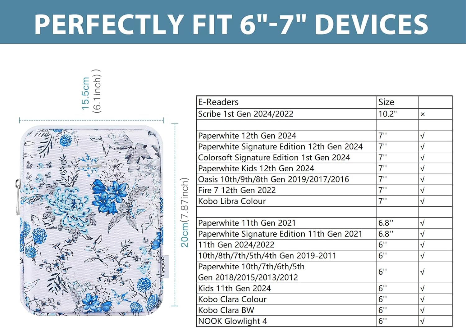 ESTUCHE PARA EREADER TIMOVO 6-7 PULGADAS AZUL CON FLORES - 2