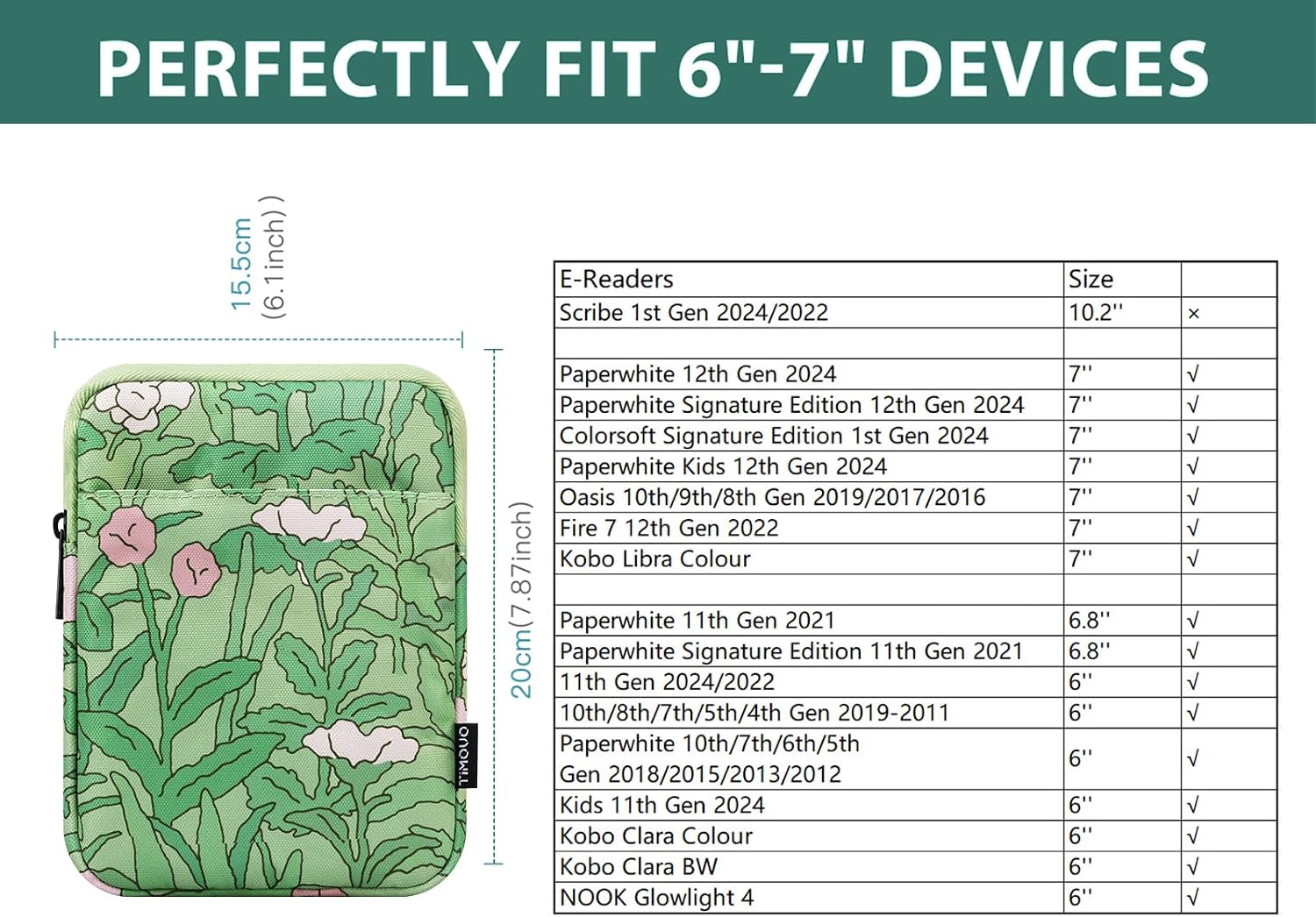 ESTUCHE PARA EREADER TIMOVO 6-7 PULGADAS FLORES VERDE - 2