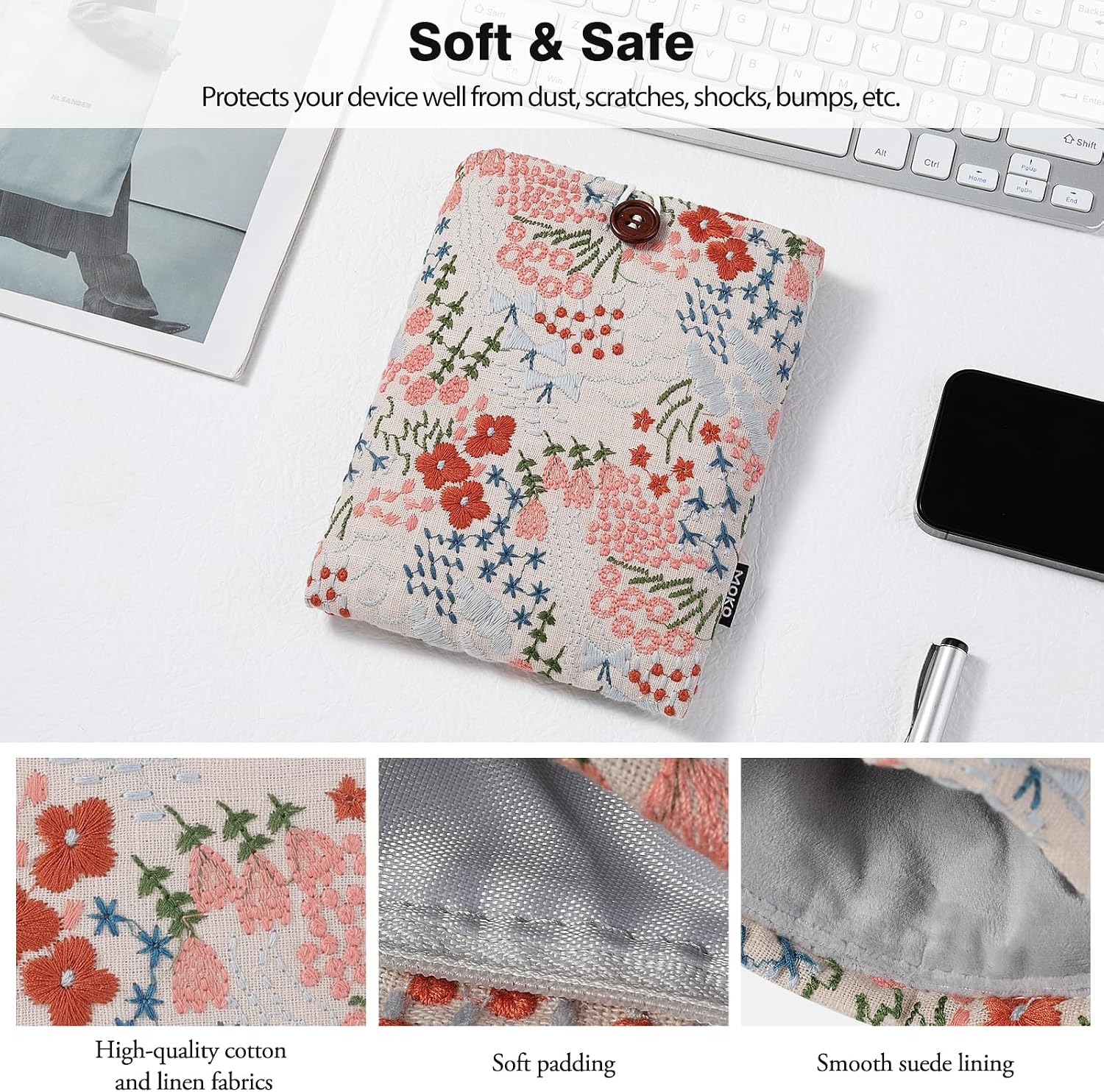 ESTUCHE PARA LECTOR ELECTRÓNICO MOKO 6-7 PULGADAS CON BORDADO FLORAL BEIGE - 3