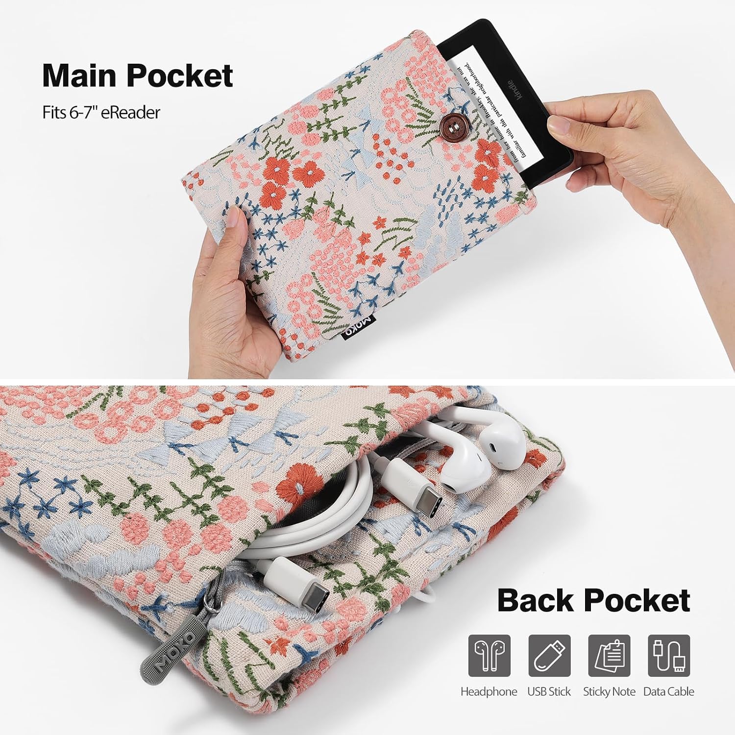 ESTUCHE PARA LECTOR ELECTRÓNICO MOKO 6-7 PULGADAS CON BORDADO FLORAL BEIGE - 4