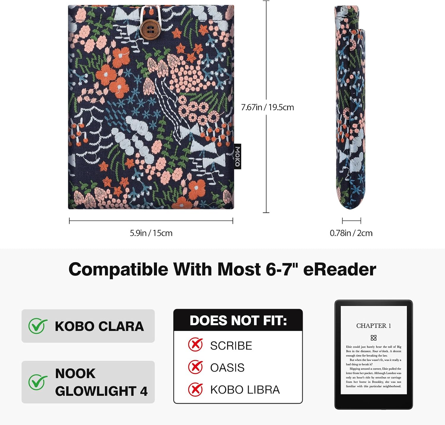 ESTUCHE PARA EREADER MOKO 6-7 PULGADAS CON BORDADO DE MARGARITA Y BOLSILLO TRASERO ÍNDIGO - 2