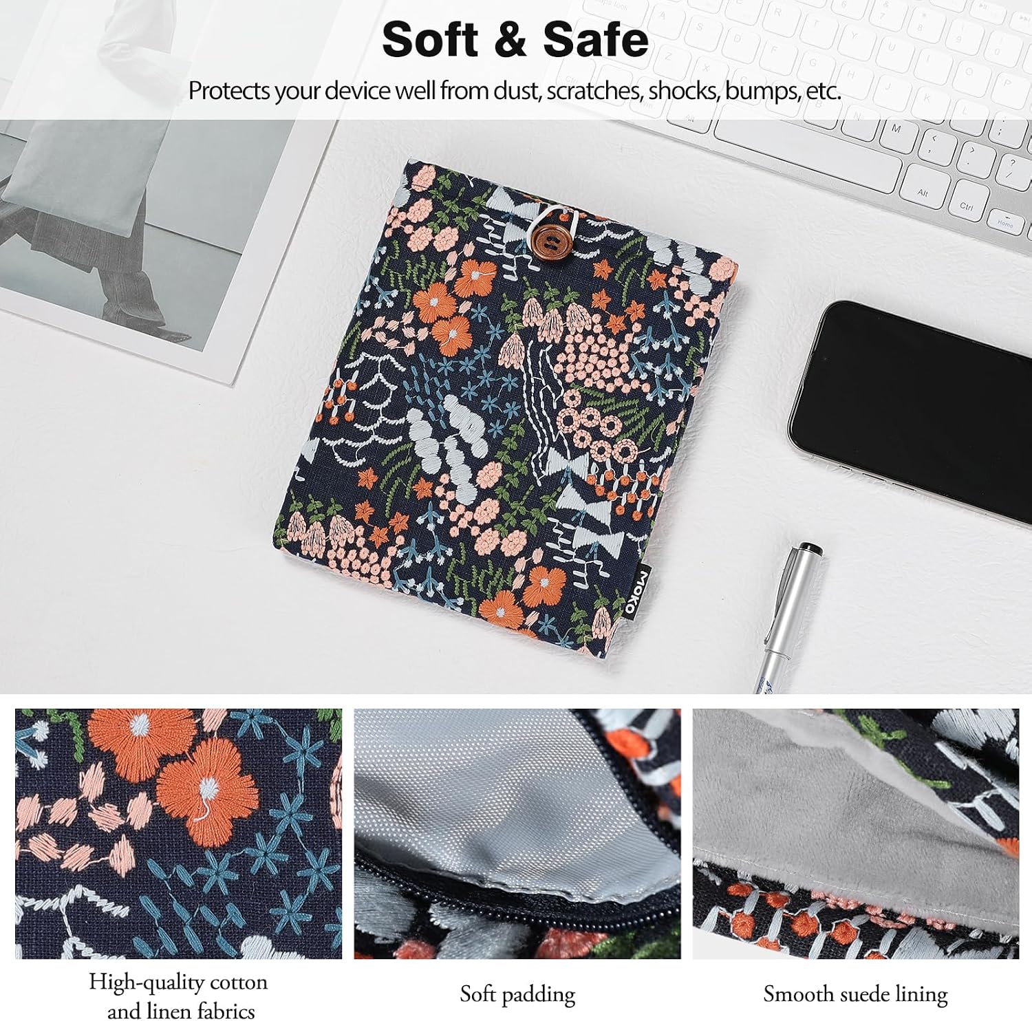 ESTUCHE PARA EREADER MOKO 6-7 PULGADAS CON BORDADO DE MARGARITA Y BOLSILLO TRASERO ÍNDIGO - 3