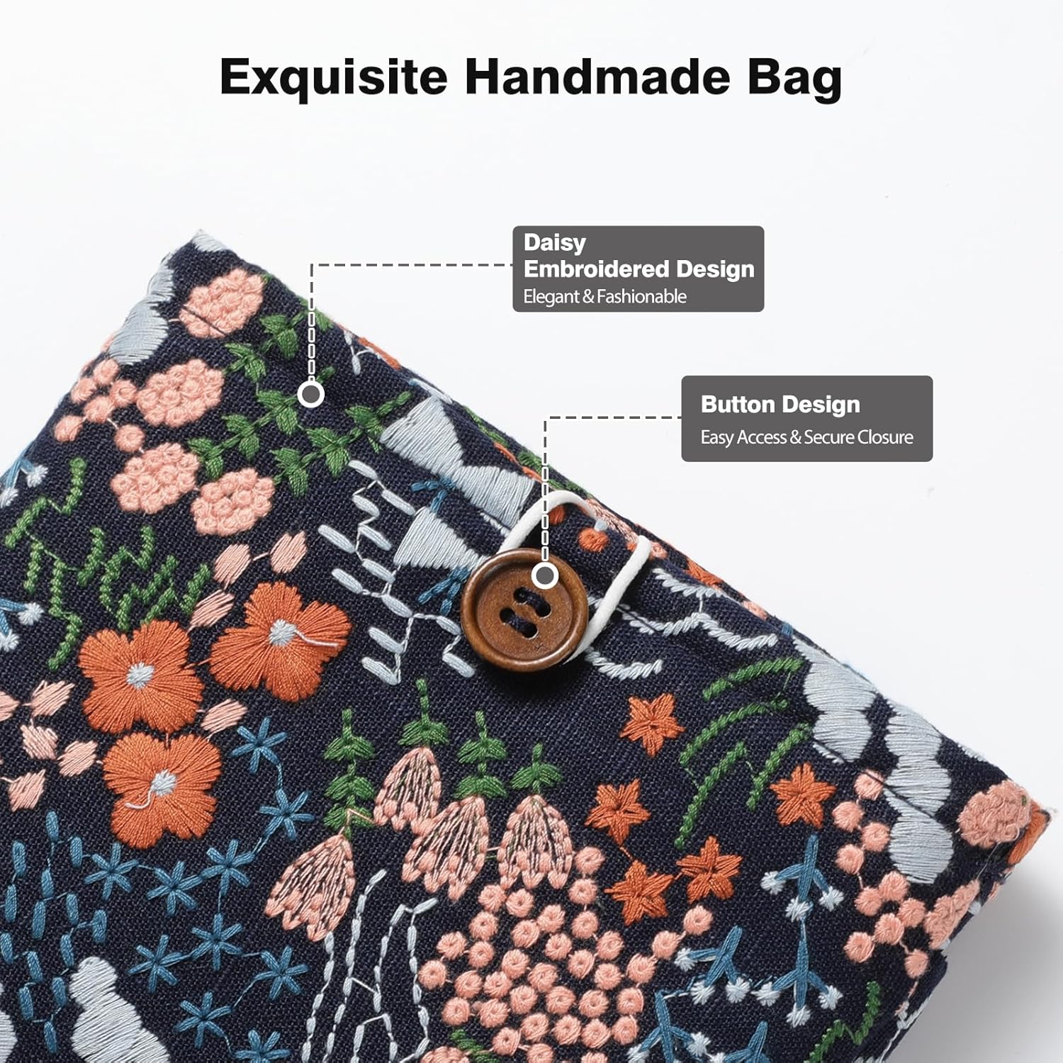ESTUCHE PARA EREADER MOKO 6-7 PULGADAS CON BORDADO DE MARGARITA Y BOLSILLO TRASERO ÍNDIGO - 4