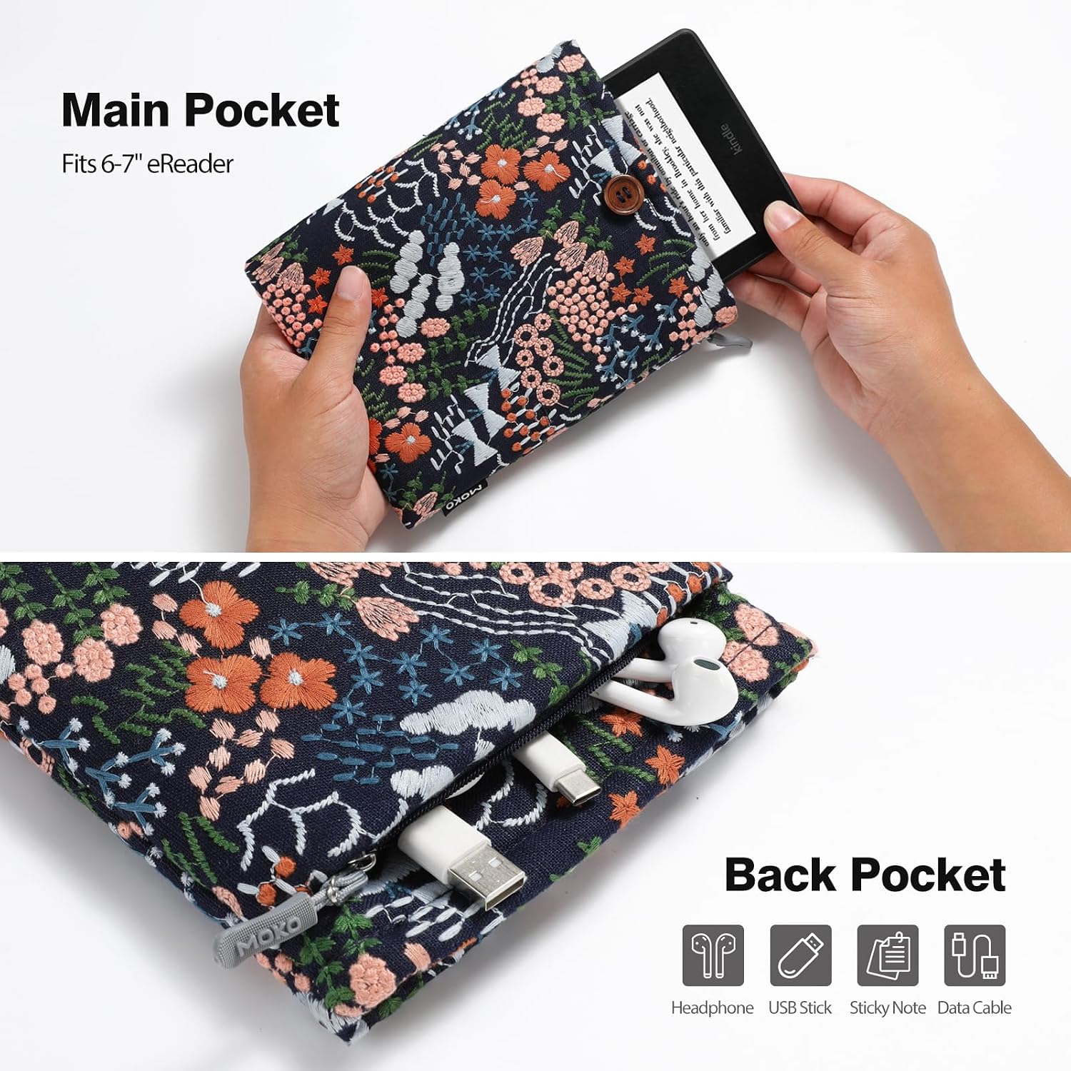 ESTUCHE PARA EREADER MOKO 6-7 PULGADAS CON BORDADO DE MARGARITA Y BOLSILLO TRASERO ÍNDIGO - 5
