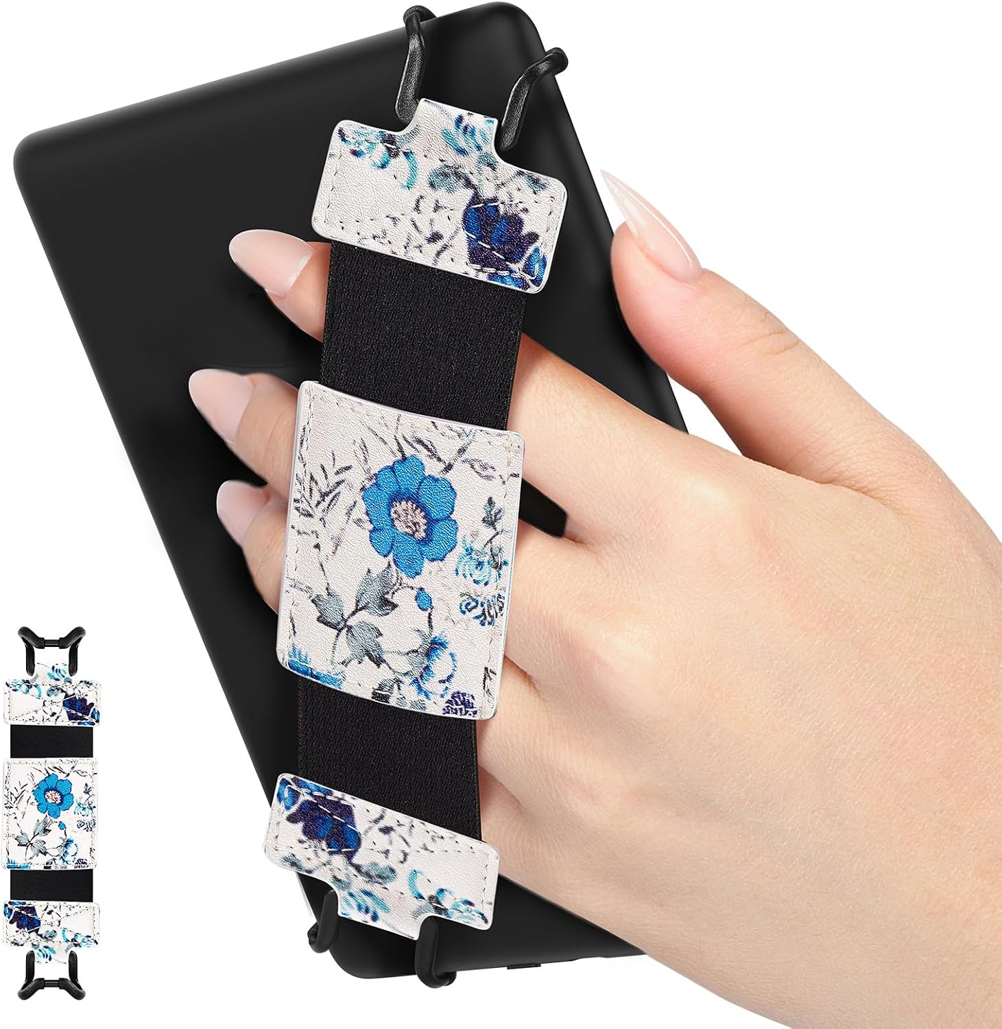 SOPORTE DE MANO MOKO PARA KINDLE Y FIRE TABLET 6-8 PULGADAS DISEÑO FLORAL BLANCO Y AZUL - 1