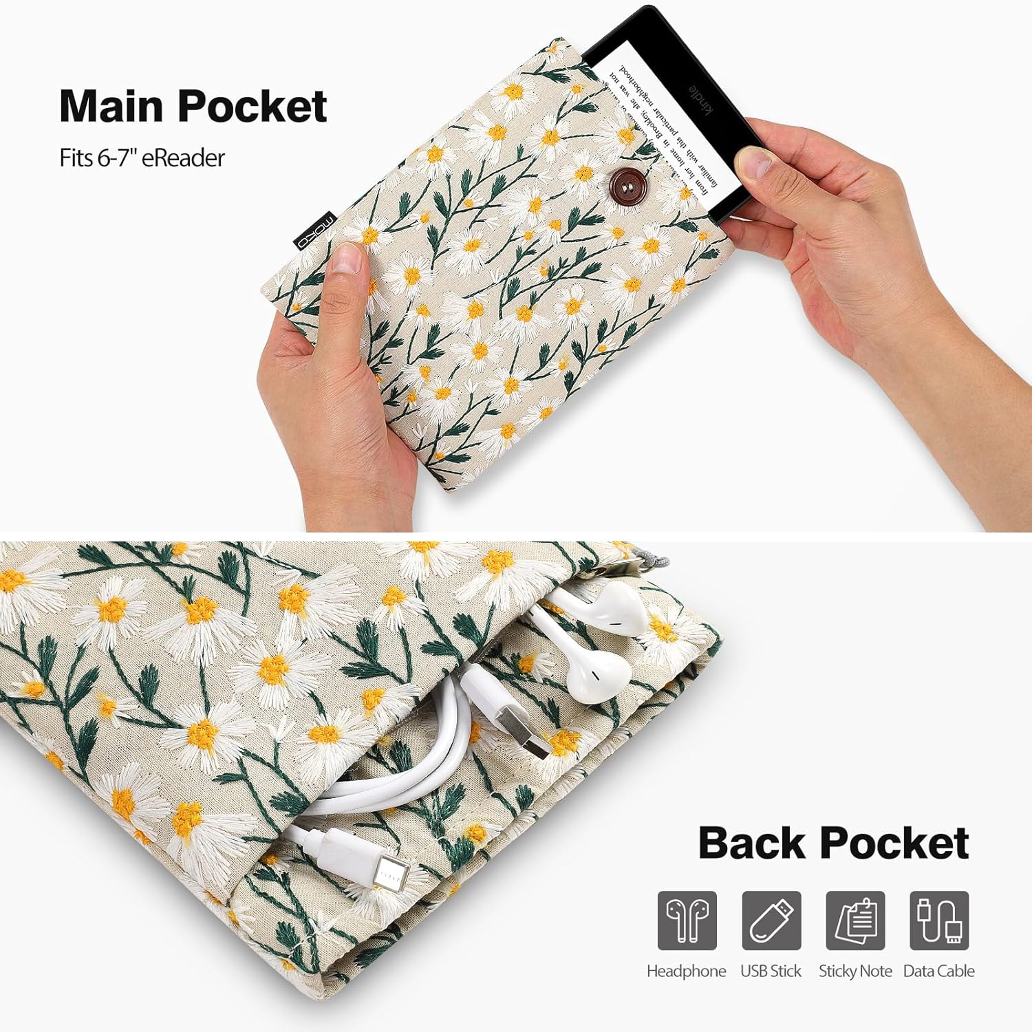 ESTUCHE PARA LECTOR ELECTRÓNICO MOKO 6-7 PULGADAS BORDADO CON MARGARITA BEIGE - 4