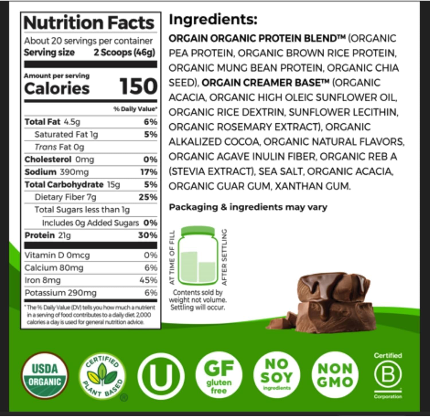 POLVO DE PROTEÍNA ORGAIN VEGAN 21G VAINILLA BEAN 2.03 LB - 2