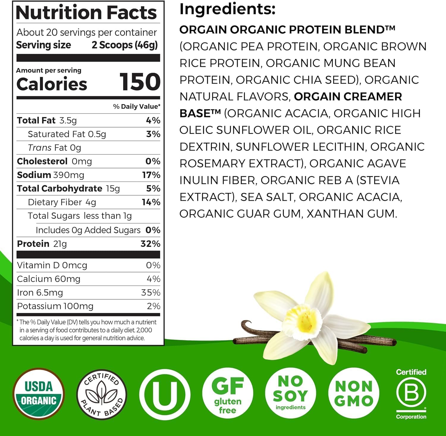 POLVO DE PROTEÍNA ORGAIN VEGAN 21G VAINILLA BEAN 2.03 LB - 3
