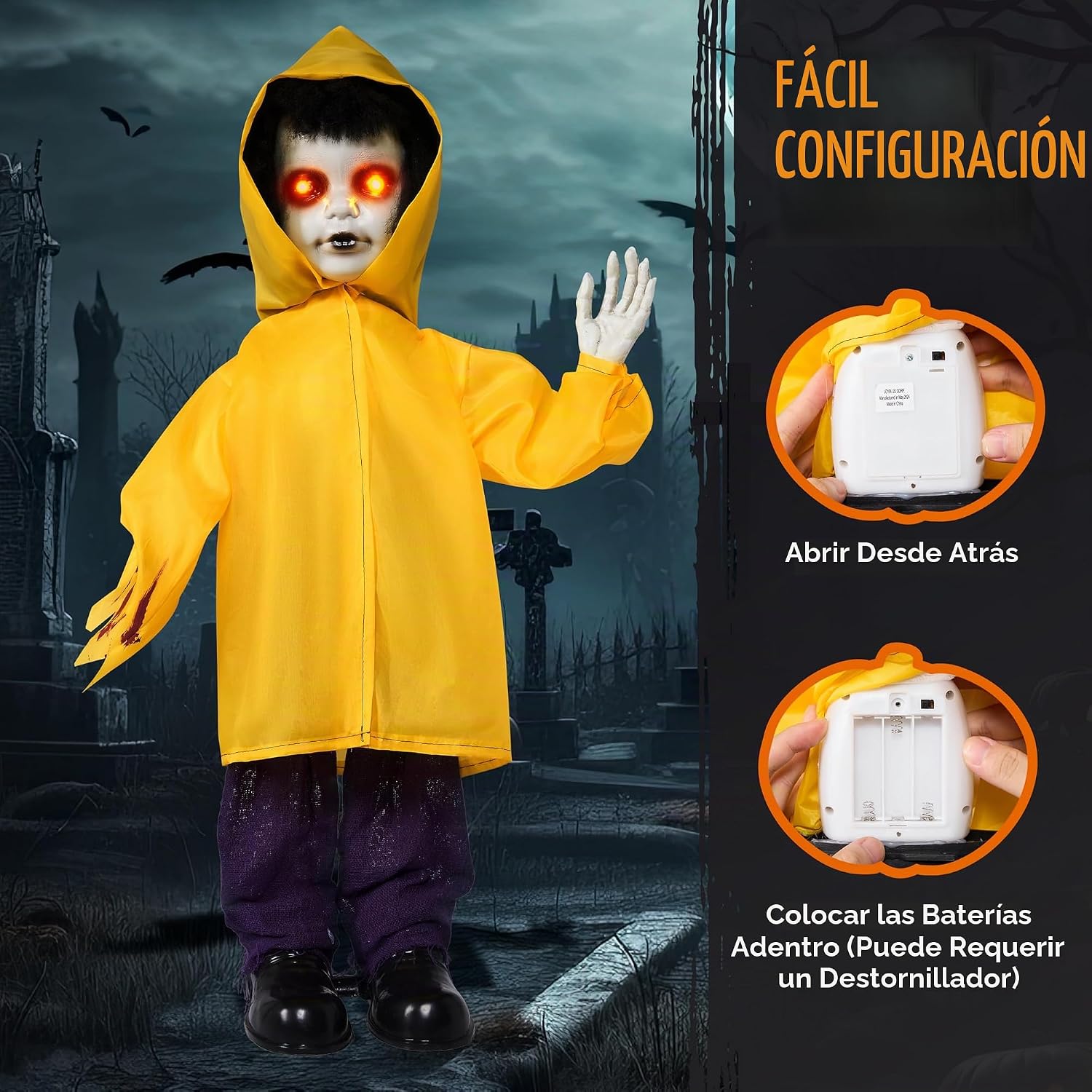 DECORACIÓN DE HALLOWEEN JOYIN ANIMATRÓNICO FANTASMA DE NIÑO CON IMPERMEABLE 86 CM - 3