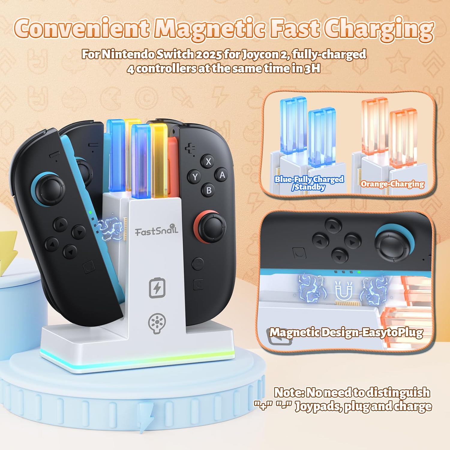 BASE CARGADORA FASTSNAIL PARA CONTROLES NINTENDO SWITCH 2 JOYCON - 3