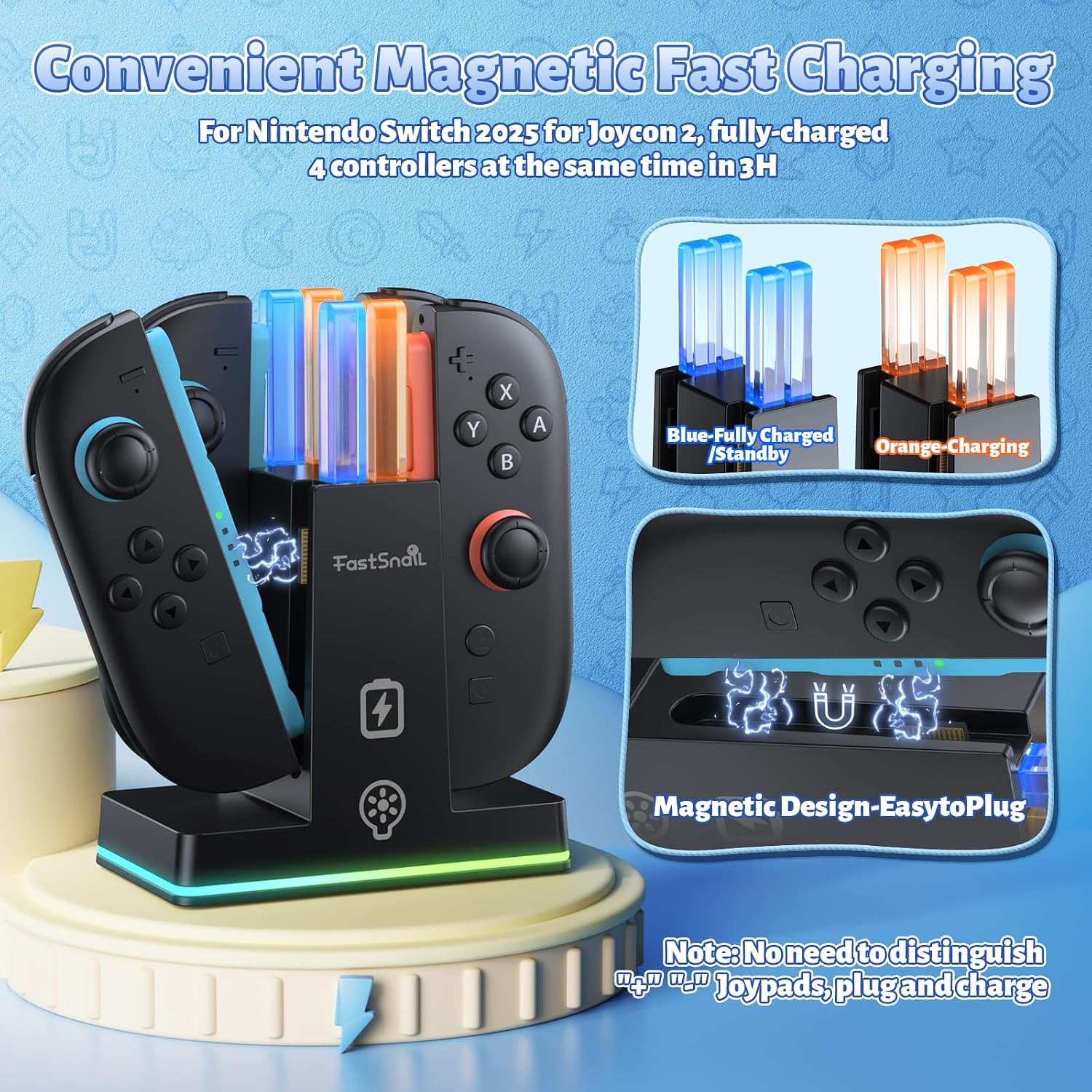 BASE DE CARGA FASTSNAIL PARA NINTENDO SWITCH 2 JOY-CON 2 CON LUCES RGB Y CABLE USB-C - 2
