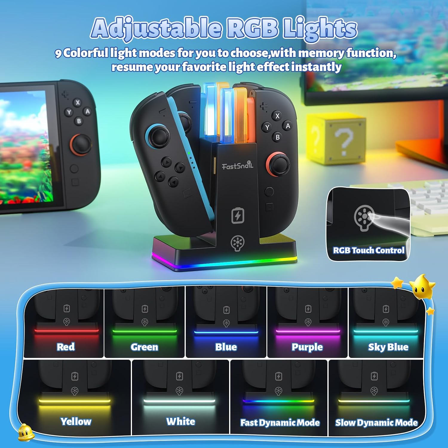 BASE DE CARGA FASTSNAIL PARA NINTENDO SWITCH 2 JOY-CON 2 CON LUCES RGB Y CABLE USB-C - 3