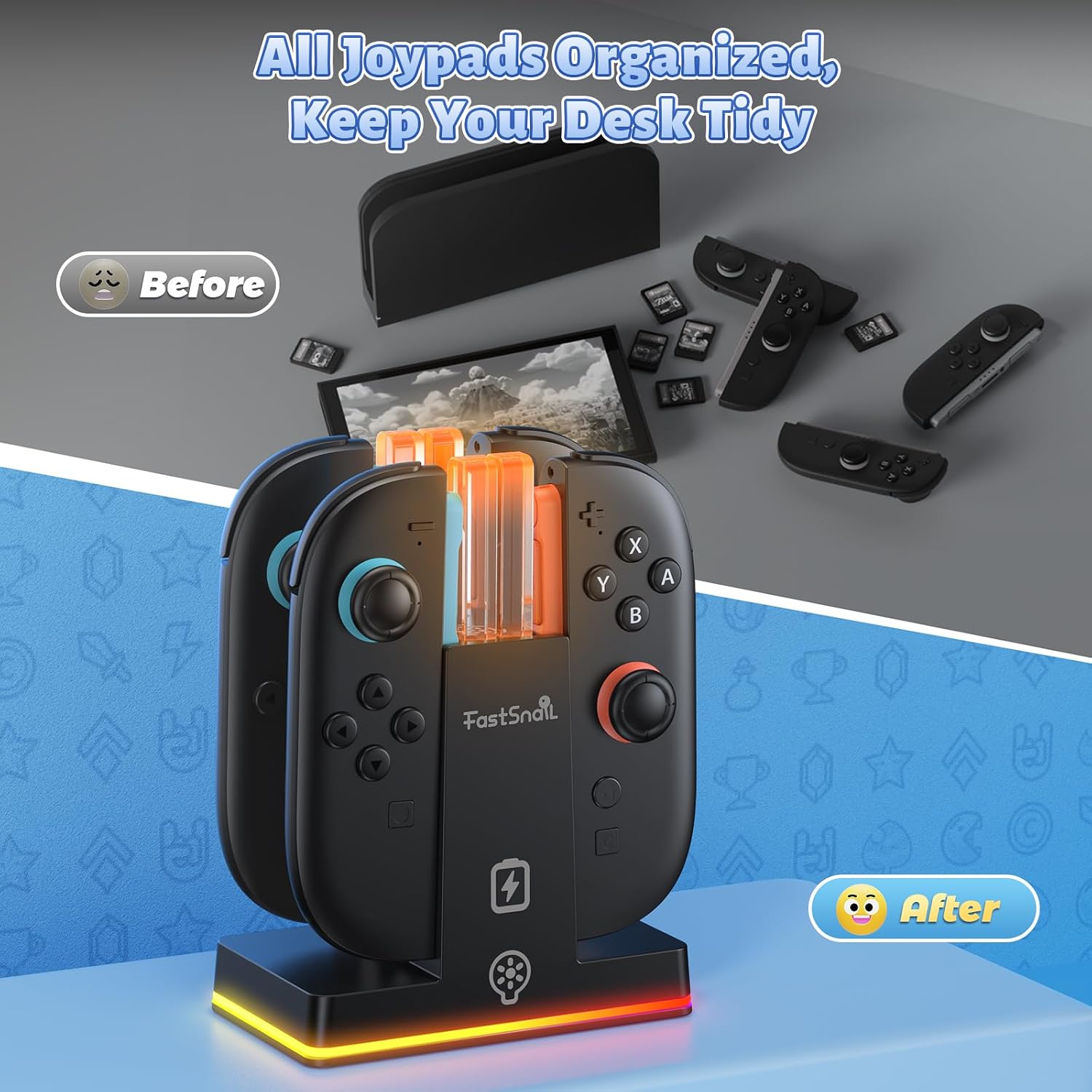 BASE DE CARGA FASTSNAIL PARA NINTENDO SWITCH 2 JOY-CON 2 CON LUCES RGB Y CABLE USB-C - 4