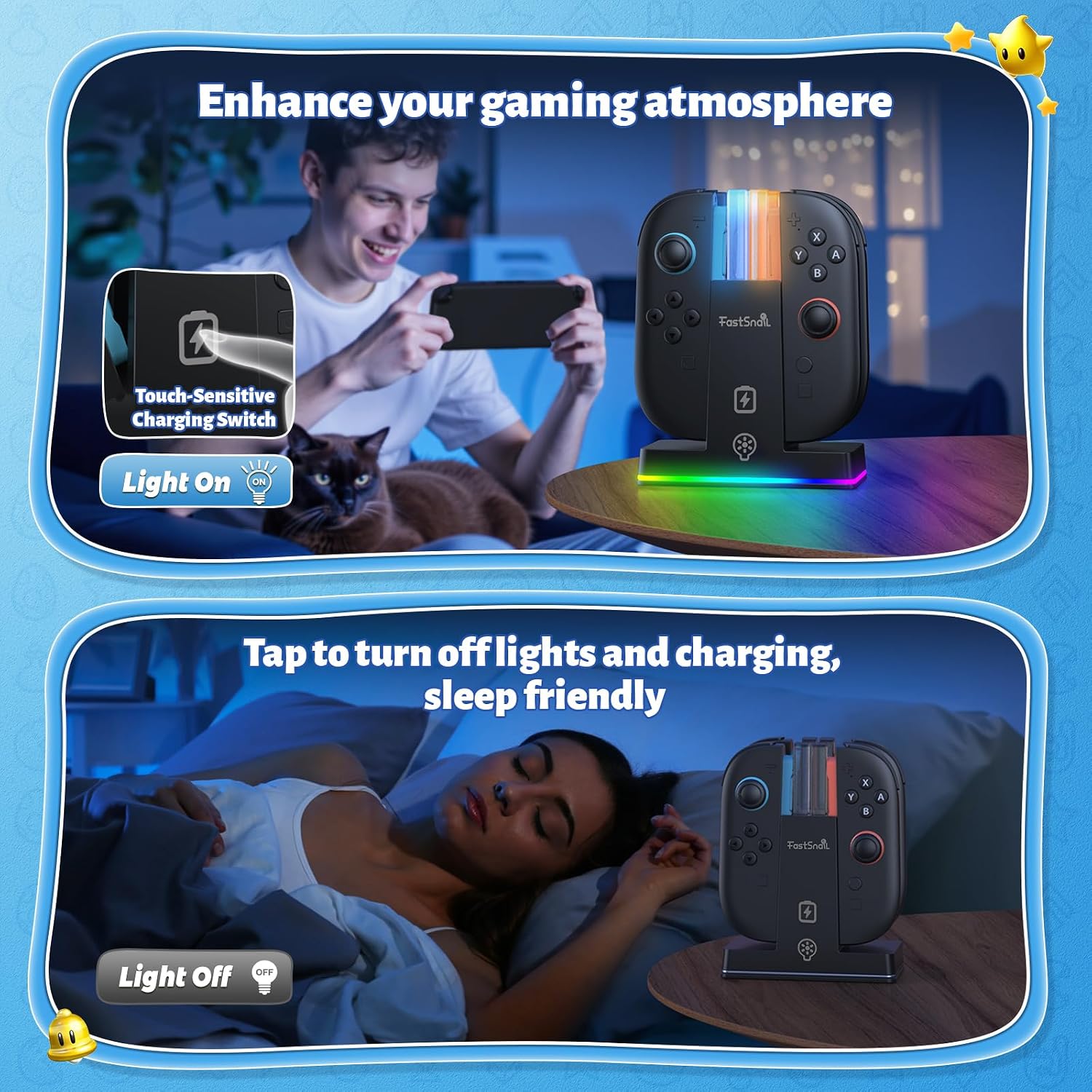 BASE DE CARGA FASTSNAIL PARA NINTENDO SWITCH 2 JOY-CON 2 CON LUCES RGB Y CABLE USB-C - 5