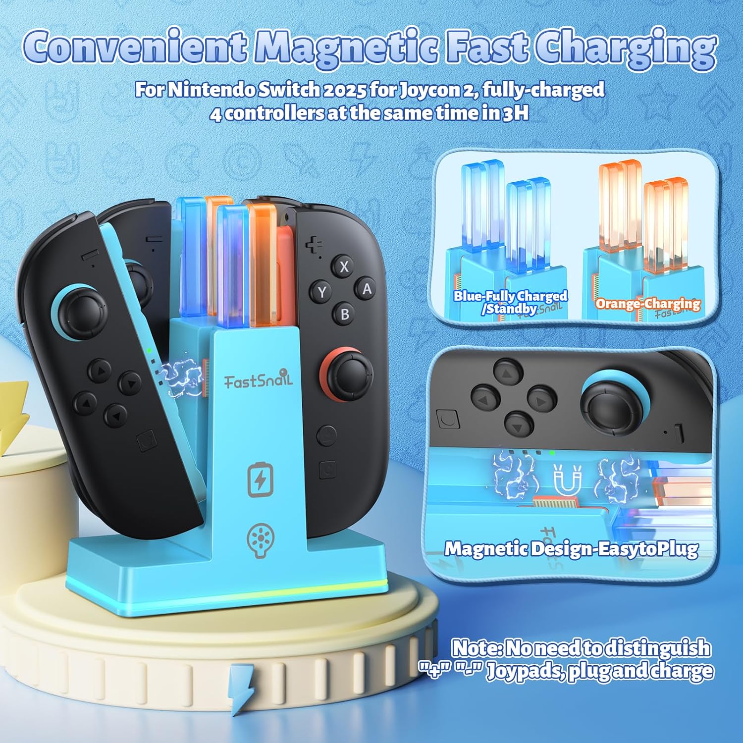 BASE CARGADORA FASTSNAIL PARA CONTROLES NINTENDO SWITCH 2 JOYCON - 3