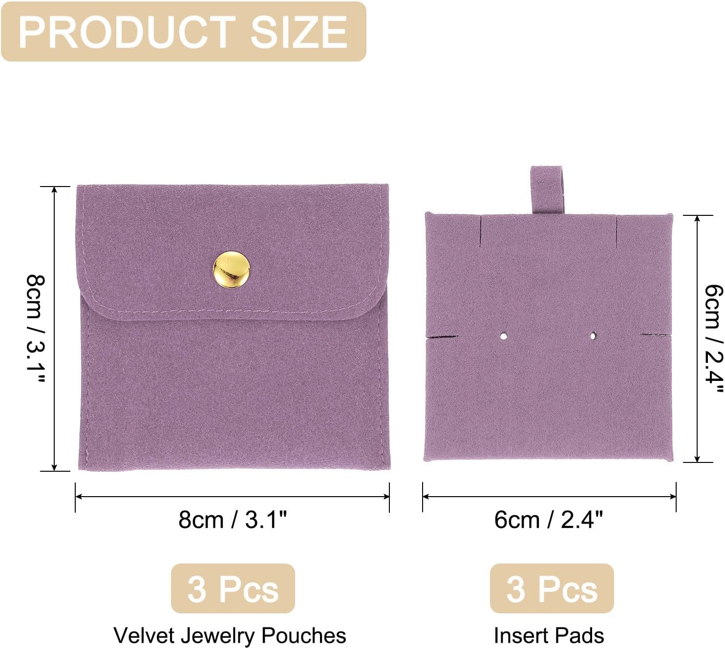 ORGANIZADOR DE JOYAS UXCELL 3 BOLSAS DE TERCIOPELO CON CIERRE Y ALMOHADILLA 8X8 CM MORADO CLARO - 2
