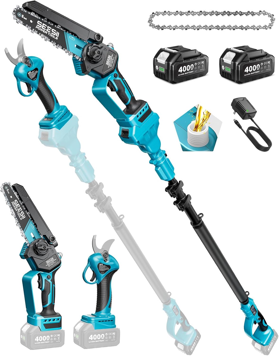 MOTOSIERRA DE PÉRTIGA Y TIJERAS DE PODAR SEESII 4 EN 1 CON MOTOR BRUSHLESS - 1