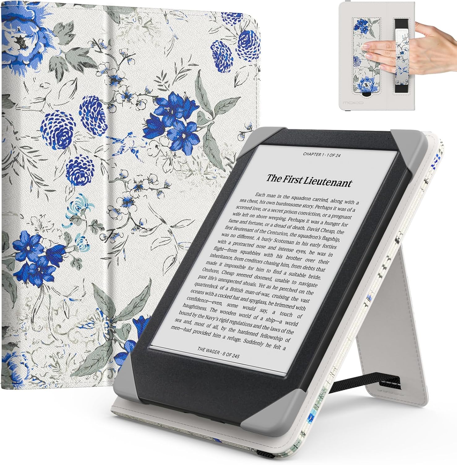 FUNDA UNIVERSAL MOKO PARA TABLETS Y EREADERS DE 6 PULGADAS DISEÑO FLORAL AZUL Y BLANCO - 1