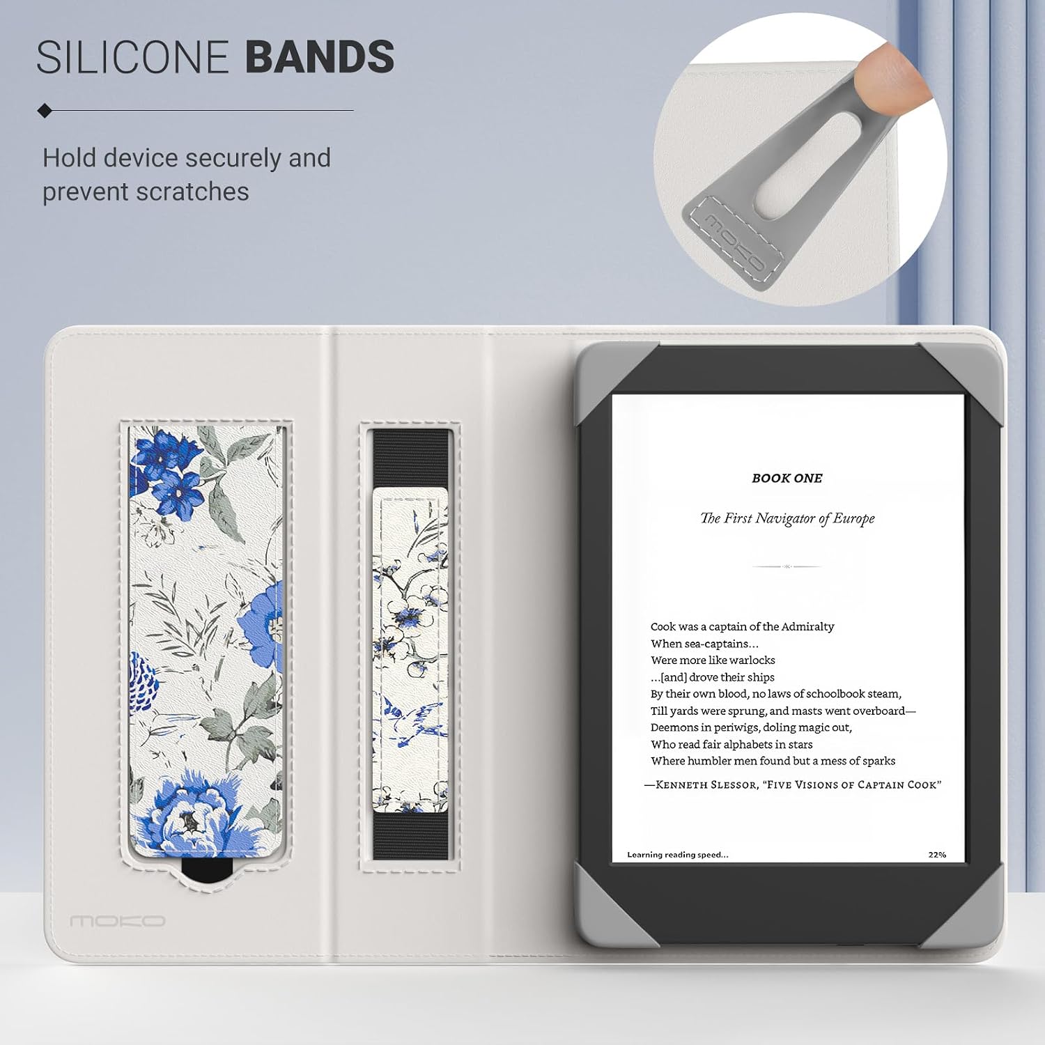 FUNDA UNIVERSAL MOKO PARA TABLETS Y EREADERS DE 6 PULGADAS DISEÑO FLORAL AZUL Y BLANCO - 2