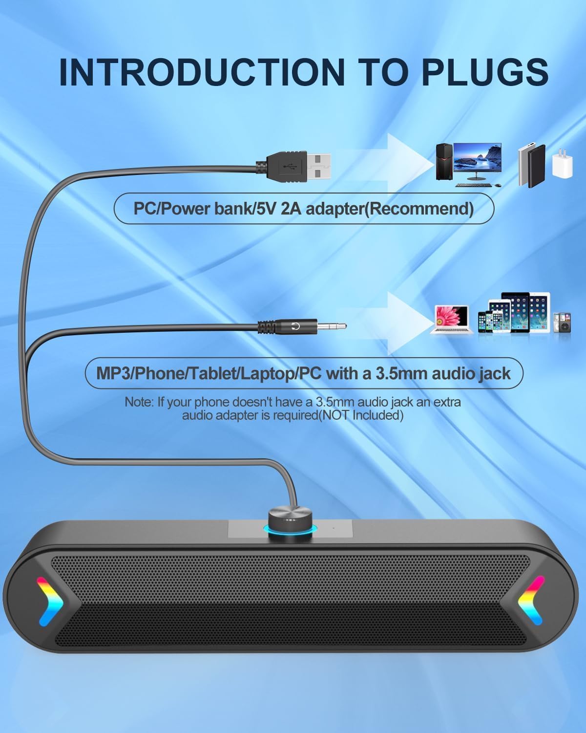 PARLANTES PARA COMPUTADORA LENRUE A39PRO 10W CON LUZ COLORIDA USB Y CABLE AUXILIAR 3.5MM NEGRO - 4