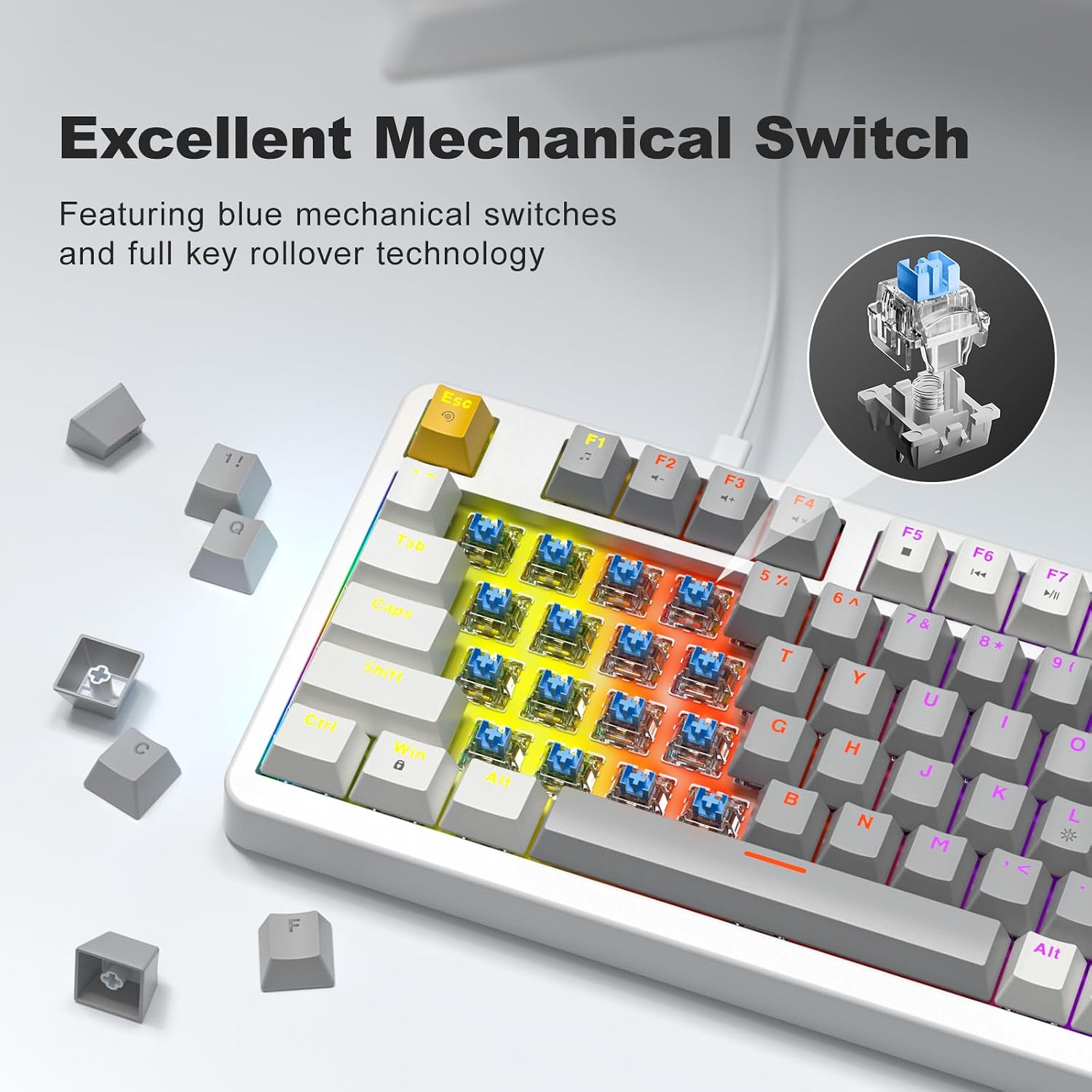 TECLADO MECÁNICO MOFII AK96 CON RETROILUMINACIÓN LED Y CABLE USB-C GRIS Y BLANCO - 3