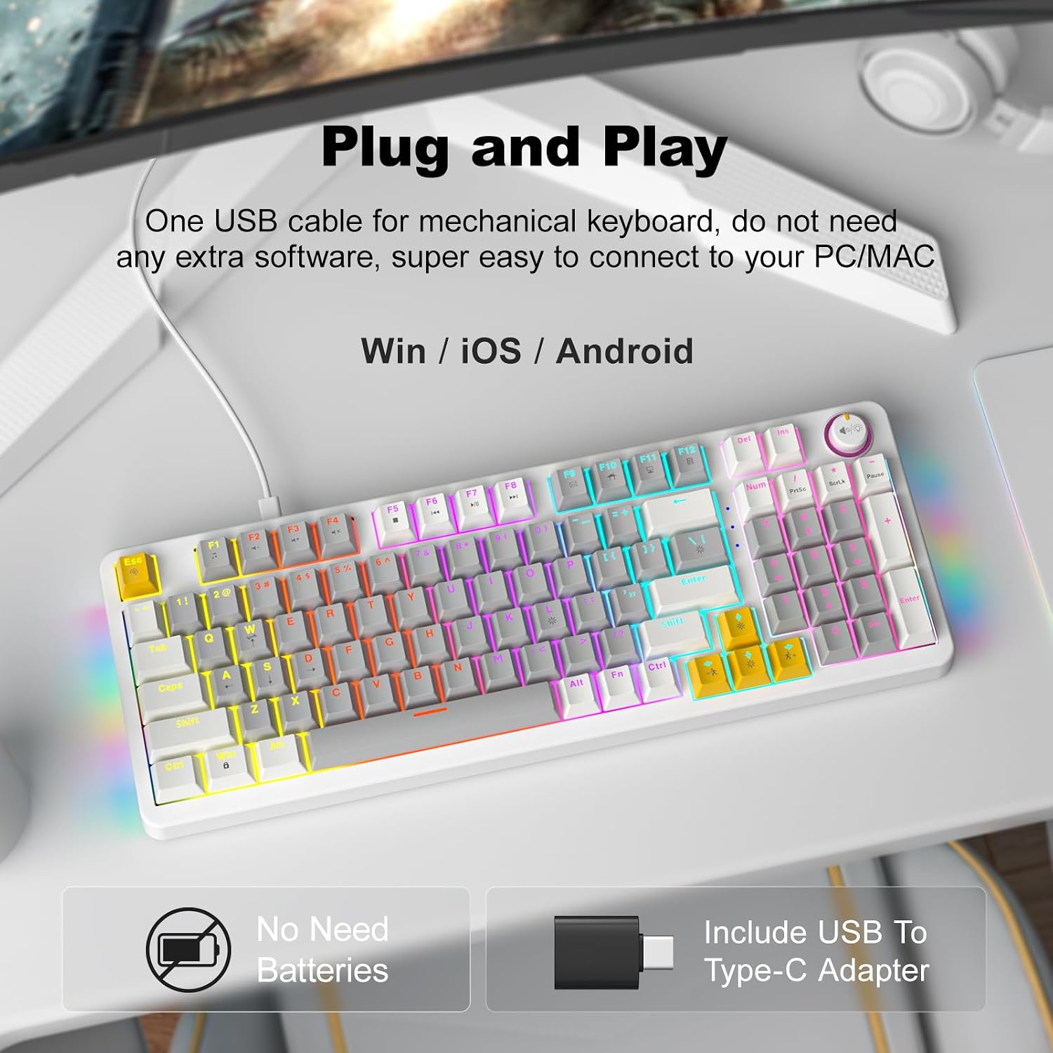 TECLADO MECÁNICO MOFII AK96 CON RETROILUMINACIÓN LED Y CABLE USB-C GRIS Y BLANCO - 4