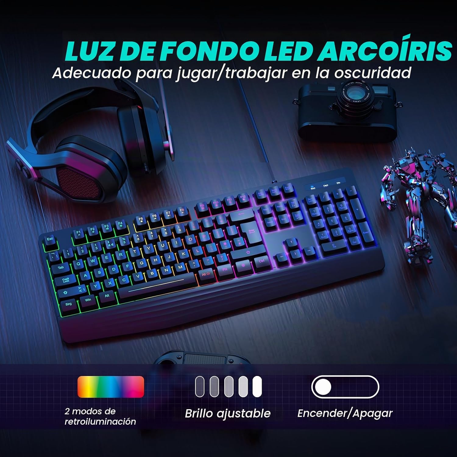 TECLADO GAMING CON CABLE YESBEAUT 104 TECLAS RETROILUMINADO 7 COLORES CON REPOSAMUÑECAS - 2