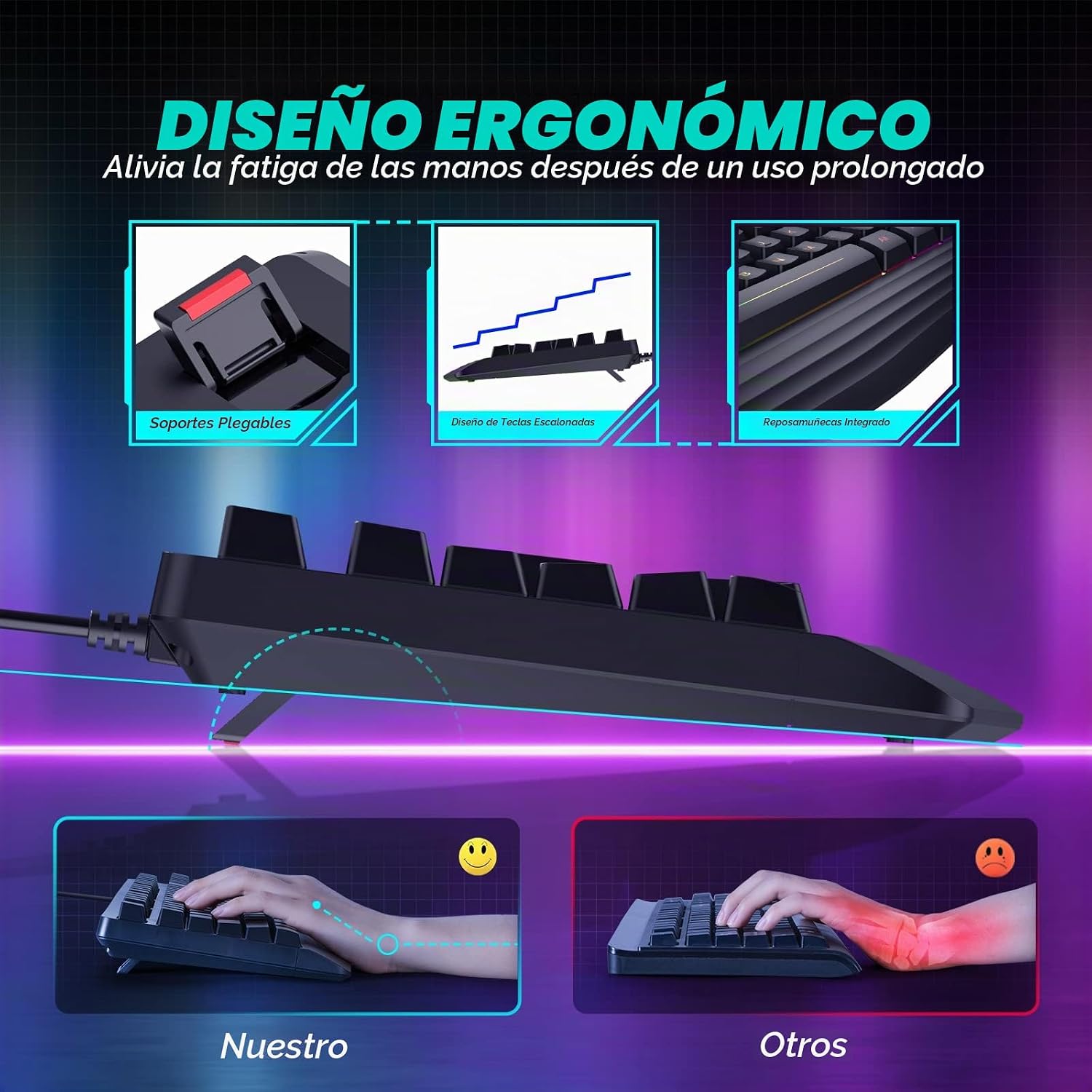 TECLADO GAMING CON CABLE YESBEAUT 104 TECLAS RETROILUMINADO 7 COLORES CON REPOSAMUÑECAS - 3