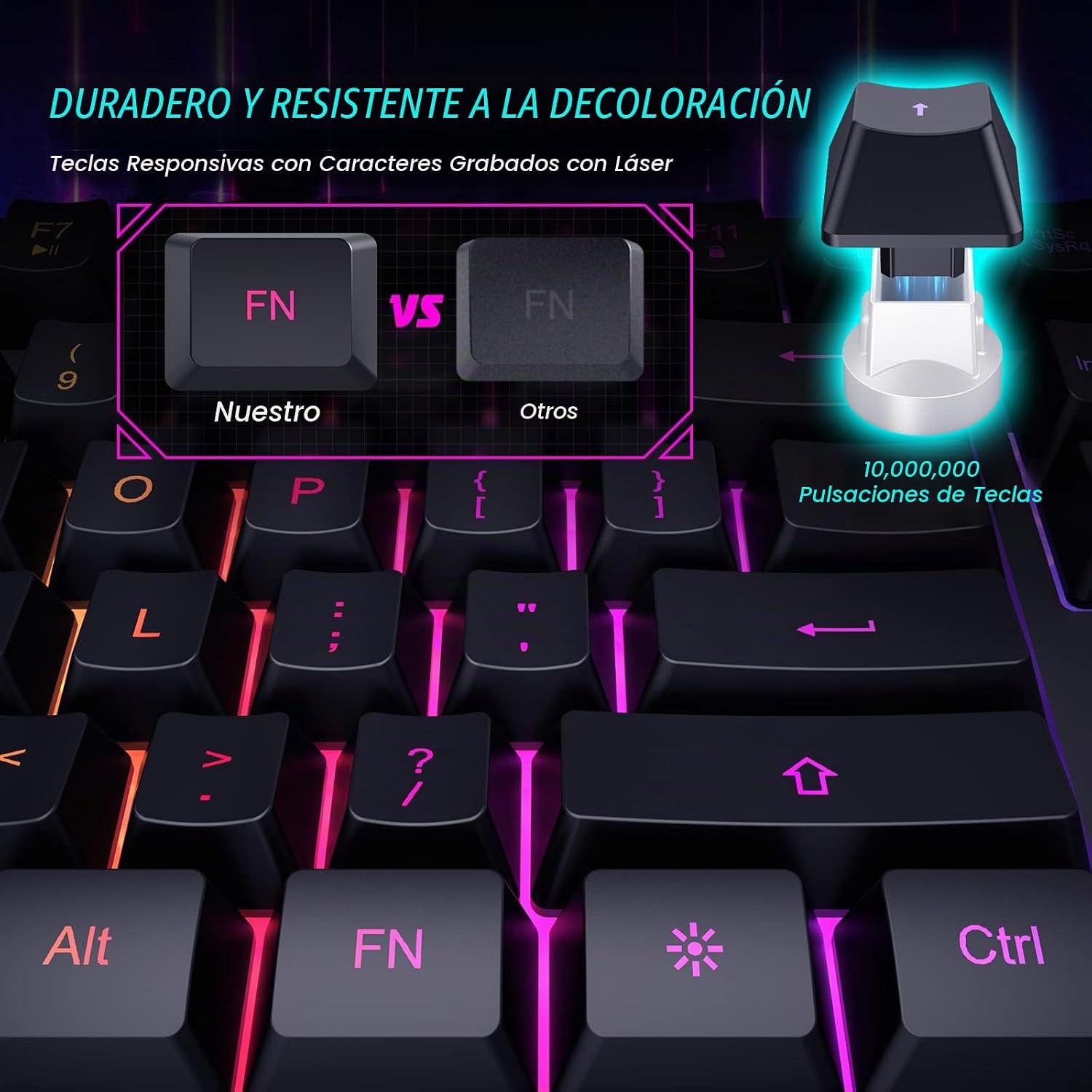 TECLADO GAMING CON CABLE YESBEAUT 104 TECLAS RETROILUMINADO 7 COLORES CON REPOSAMUÑECAS - 4