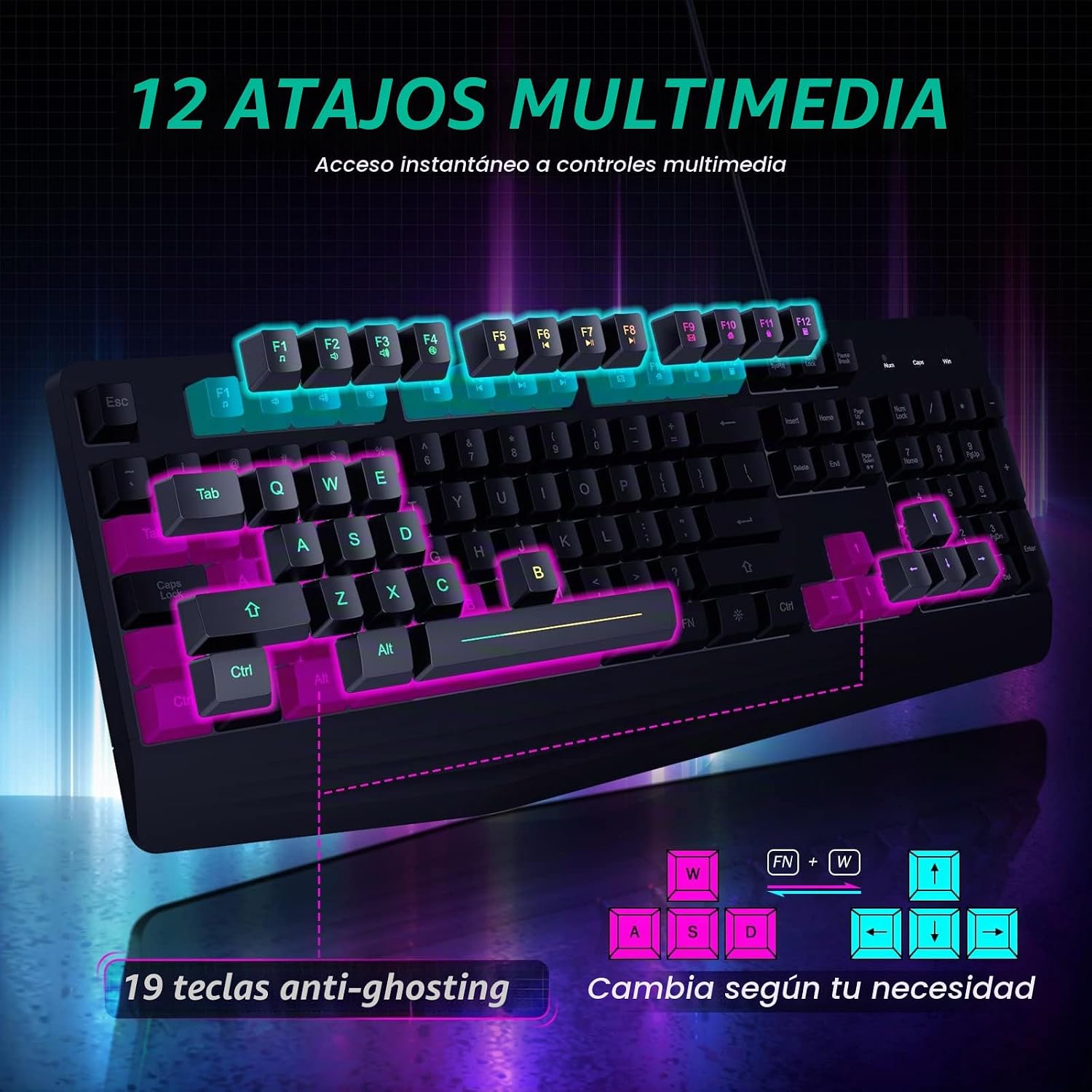 TECLADO GAMING CON CABLE YESBEAUT 104 TECLAS RETROILUMINADO 7 COLORES CON REPOSAMUÑECAS - 5