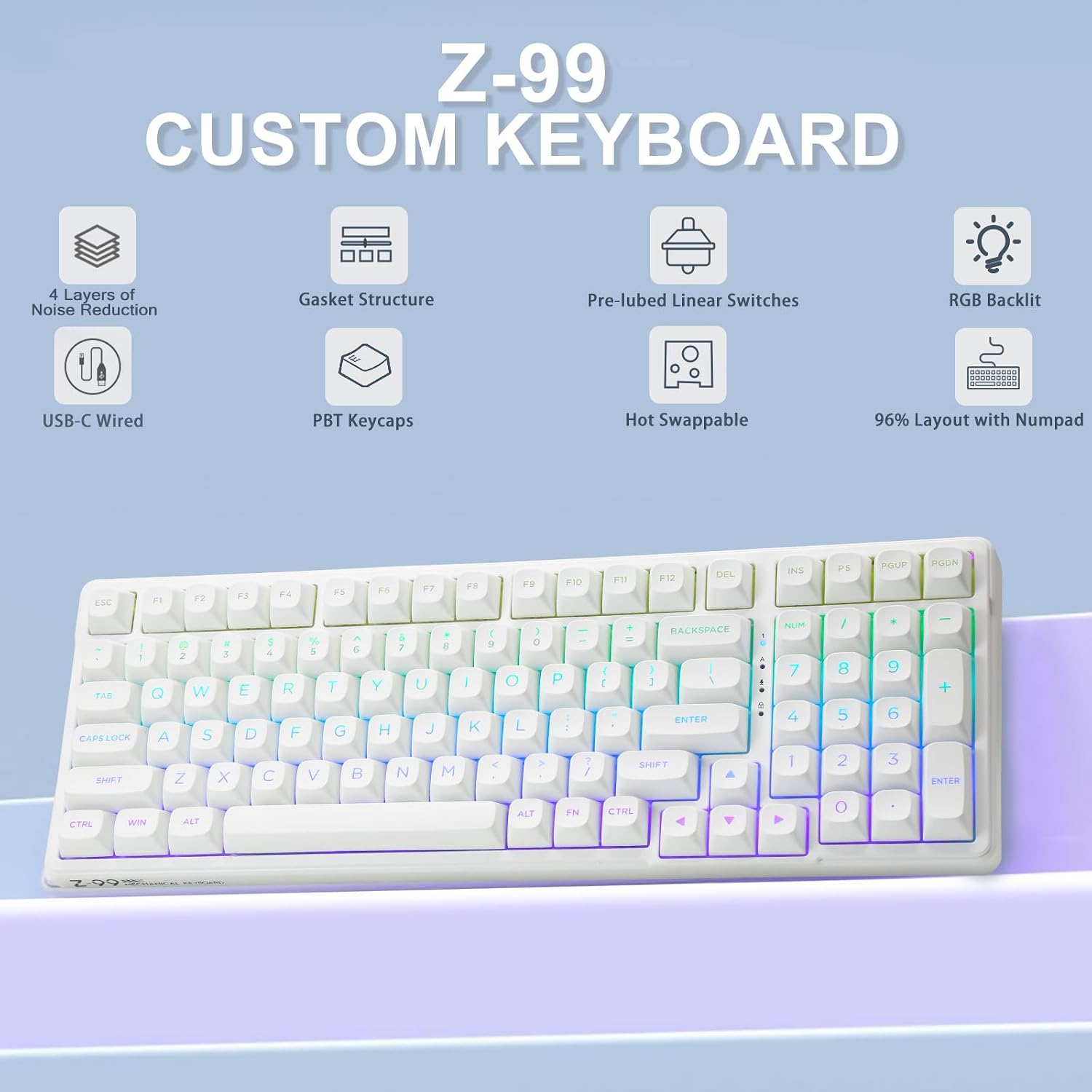 TECLADO MECÁNICO HUO JI E-YOOSO CREAMY CON CABLE, RETROILUMINADO RGB, BLANCO - 2
