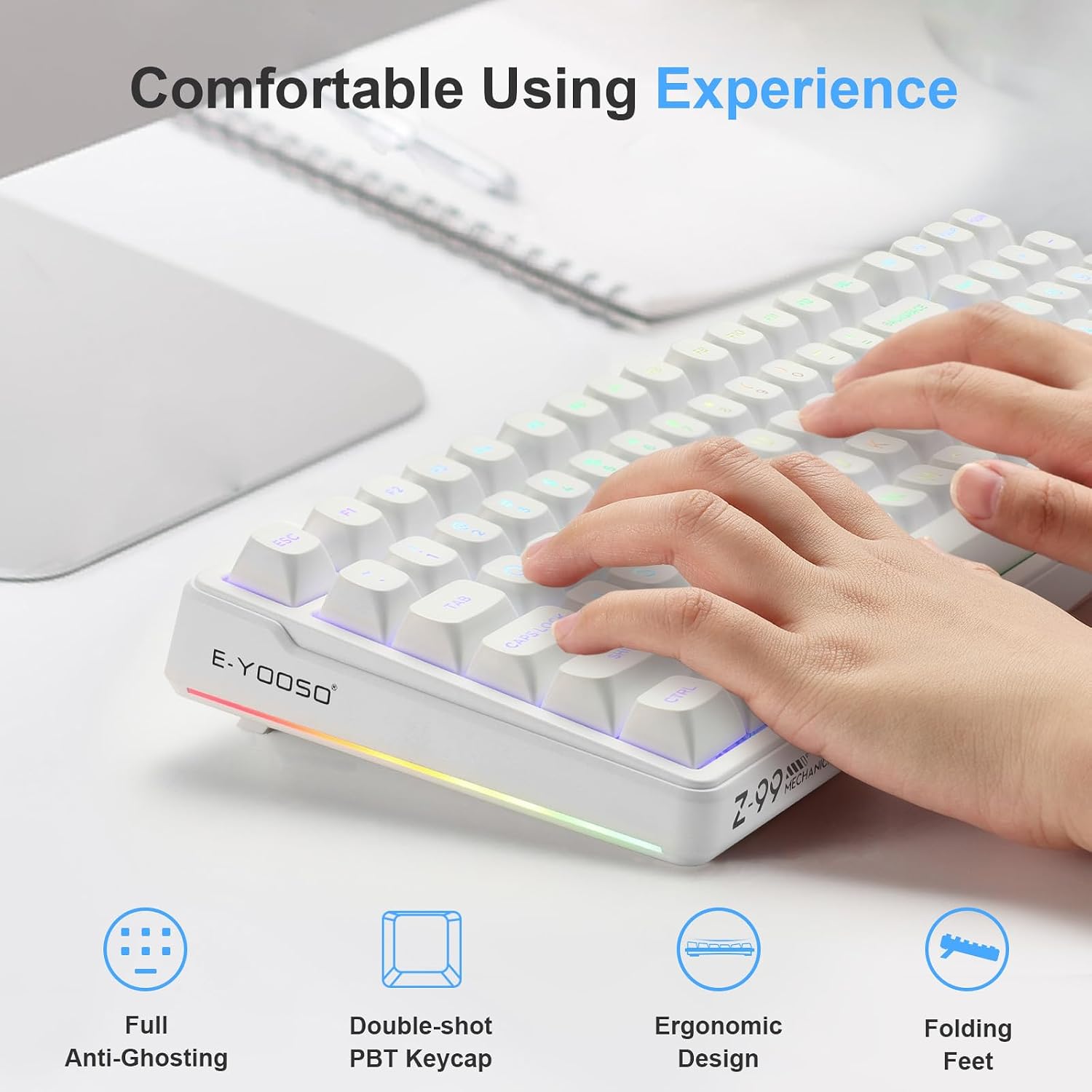 TECLADO MECÁNICO HUO JI E-YOOSO CREAMY CON CABLE, RETROILUMINADO RGB, BLANCO - 5