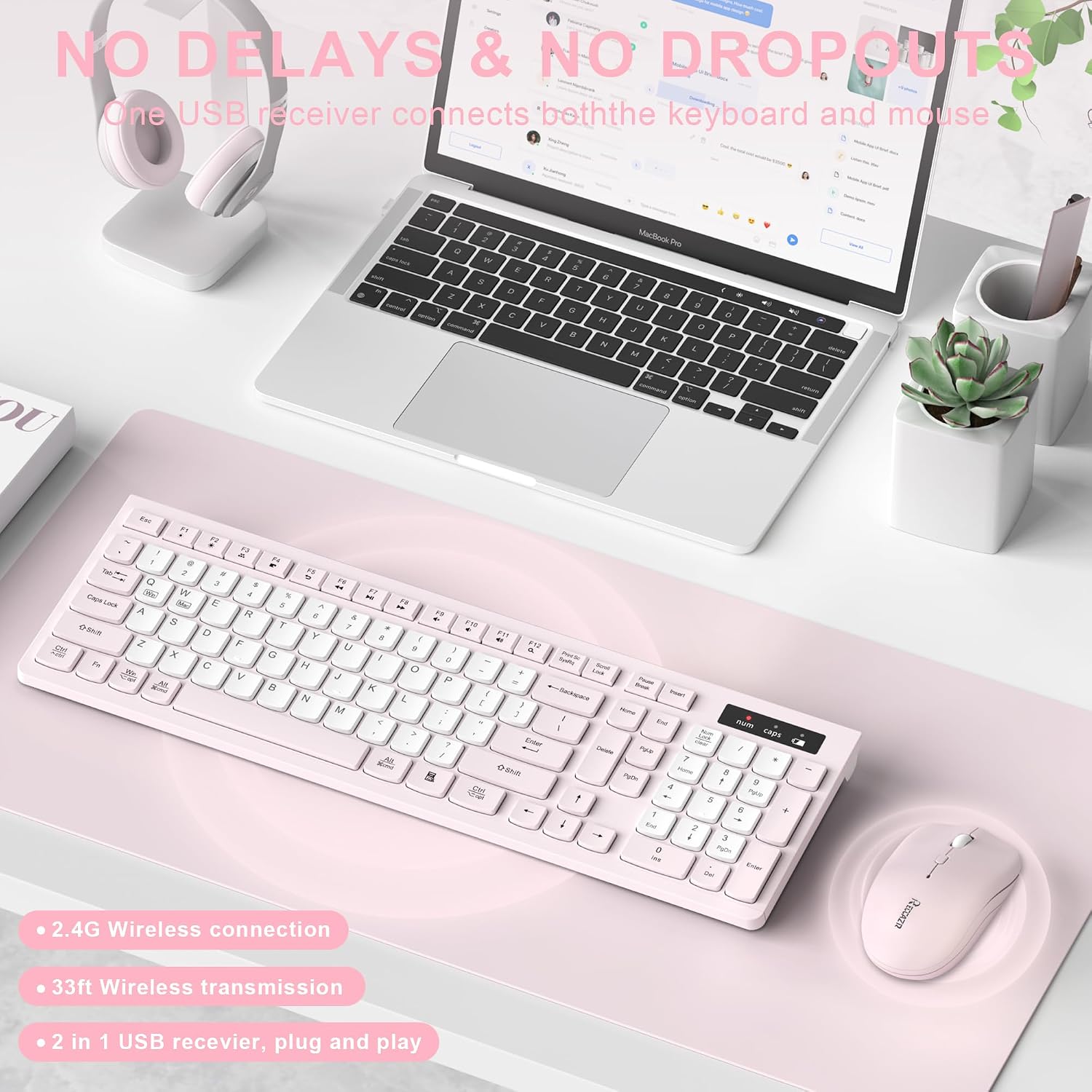 KIT INALÁMBRICO DE TECLADO Y MOUSE RECCAZR SILENCIOSO PARA OFICINA Y HOGAR ROSA - 2