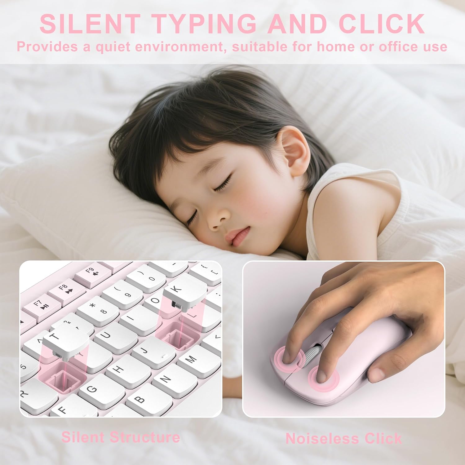 KIT INALÁMBRICO DE TECLADO Y MOUSE RECCAZR SILENCIOSO PARA OFICINA Y HOGAR ROSA - 3