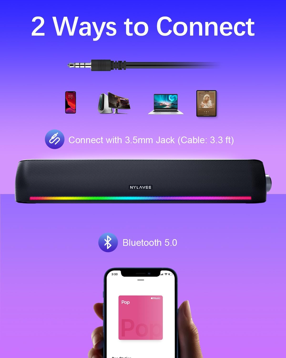 PARLANTES PARA COMPUTADORA NYLAVEE SOUND BAR CON BLUETOOTH Y AUX - 4