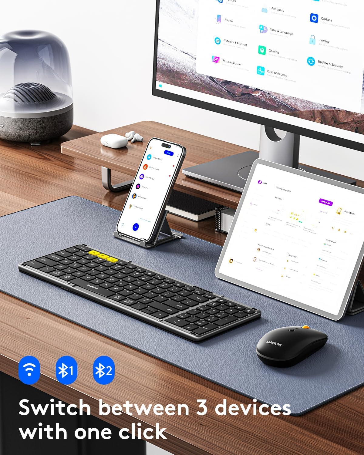 KIT DE TECLADO PLEGABLE Y MOUSE SAMSERS BLUETOOTH 2.4G + BT5.0 GRIS NEGRO - 2
