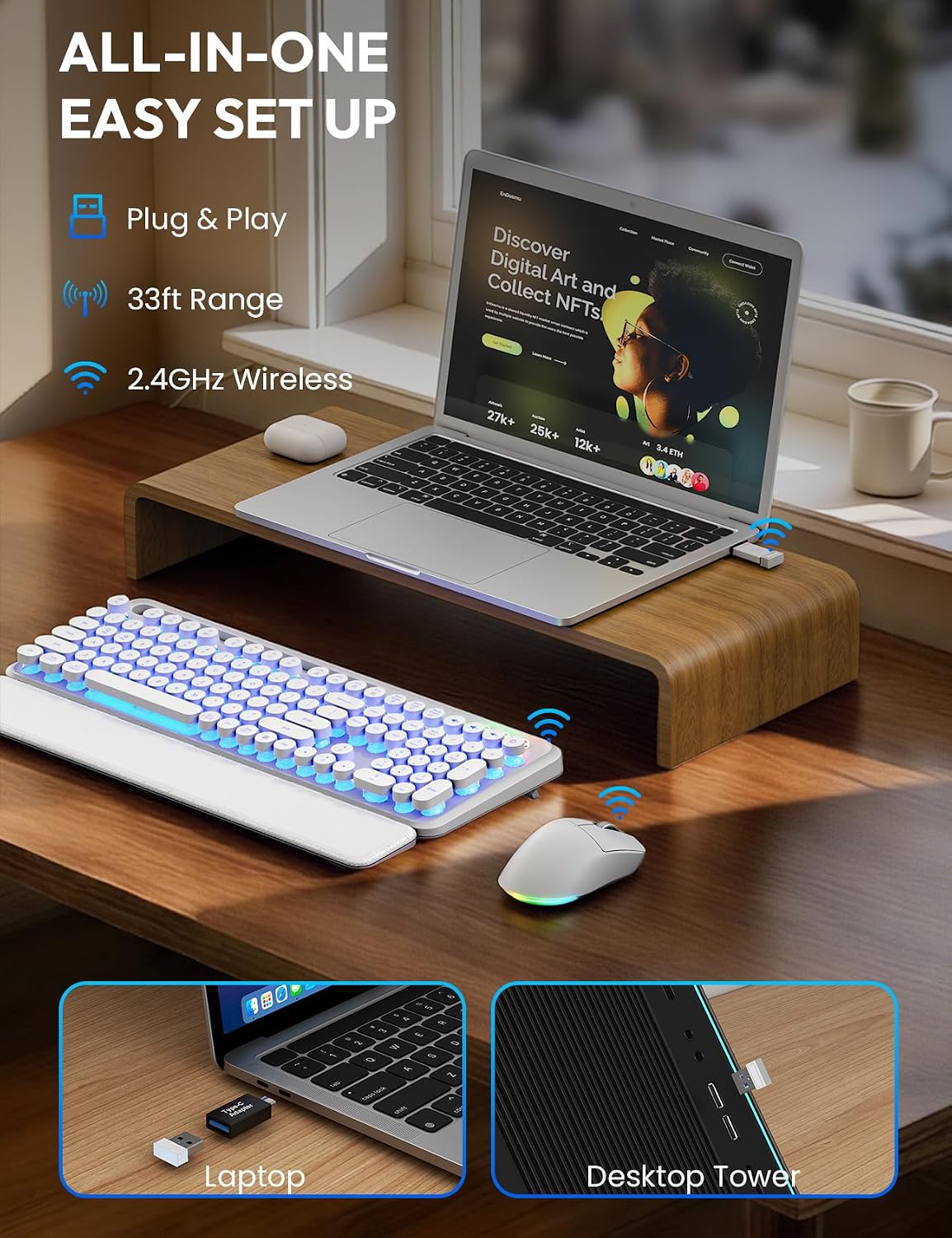 KIT INALÁMBRICO TECLADO Y MOUSE SABLUTE RETRO CON REPOSAMUÑECAS MAGNÉTICO - 5