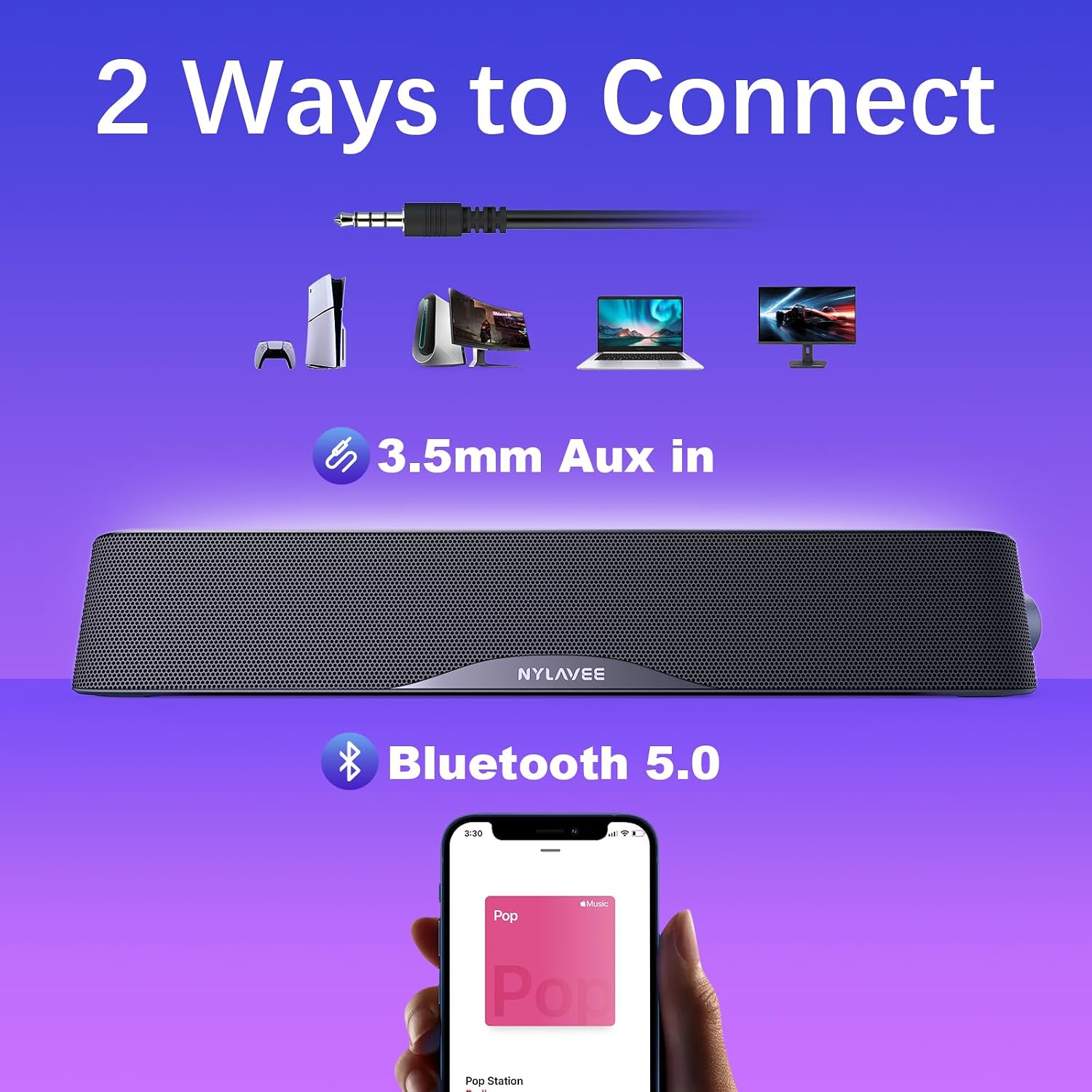 PARLANTES PARA COMPUTADORA NYLAVEE SOUND BAR BLUETOOTH Y AUX - 3