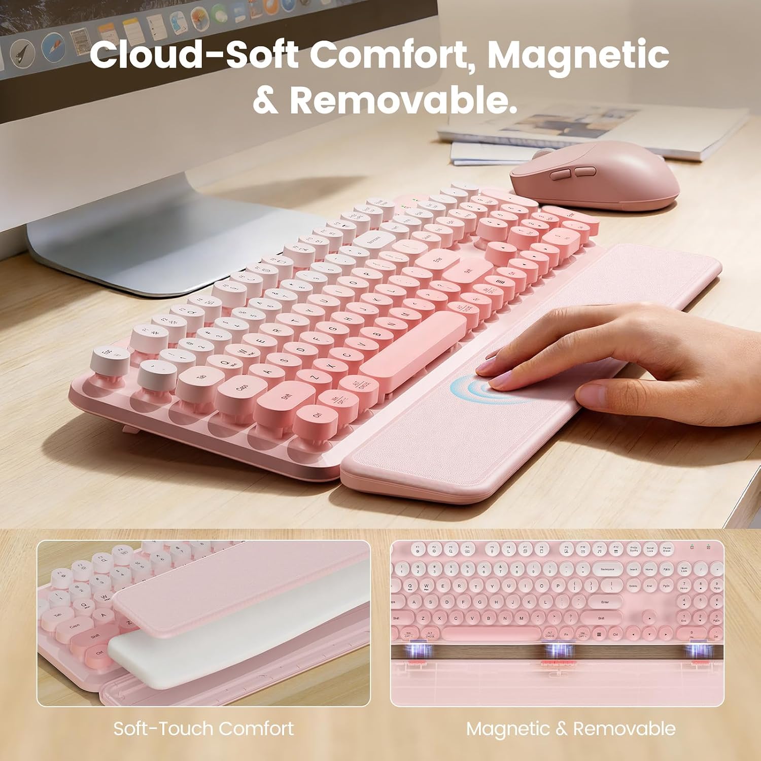 KIT INALÁMBRICO DE TECLADO Y MOUSE SABLUTE ROSA DEGRADADO CON REPOSAMUÑECAS MAGNÉTICO - 3