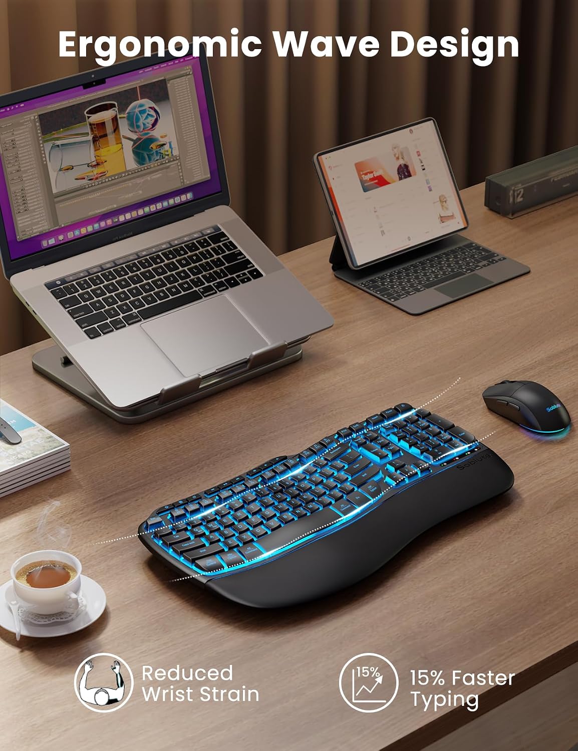 KIT DE TECLADO Y MOUSE INALÁMBRICO SABLUTE ERGONÓMICO RECARGABLE 4000MAH CON RETROILUMINACIÓN - 2